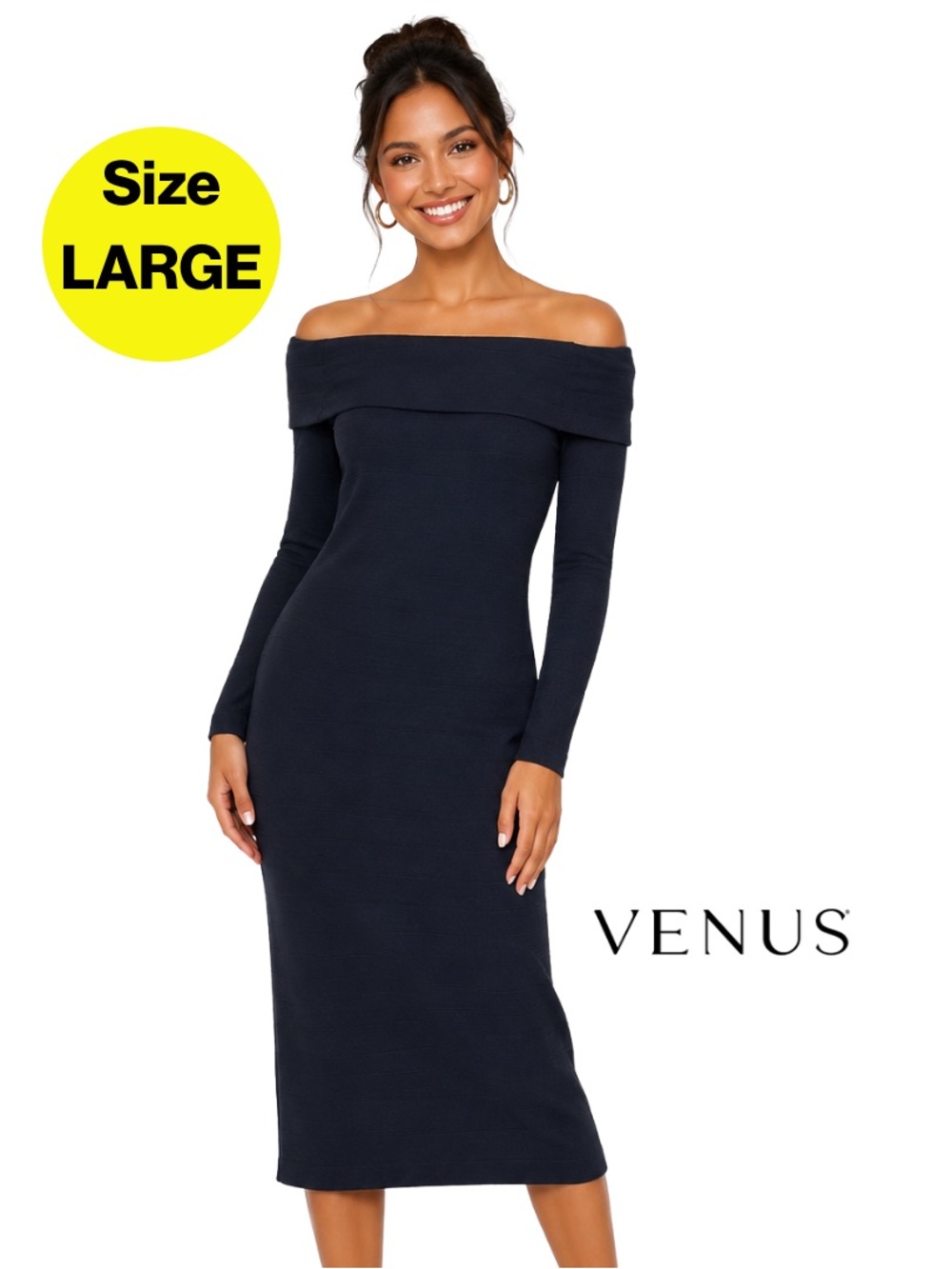 VENUS Off-Shoulder Long Sleeve Midi Dress in Navy